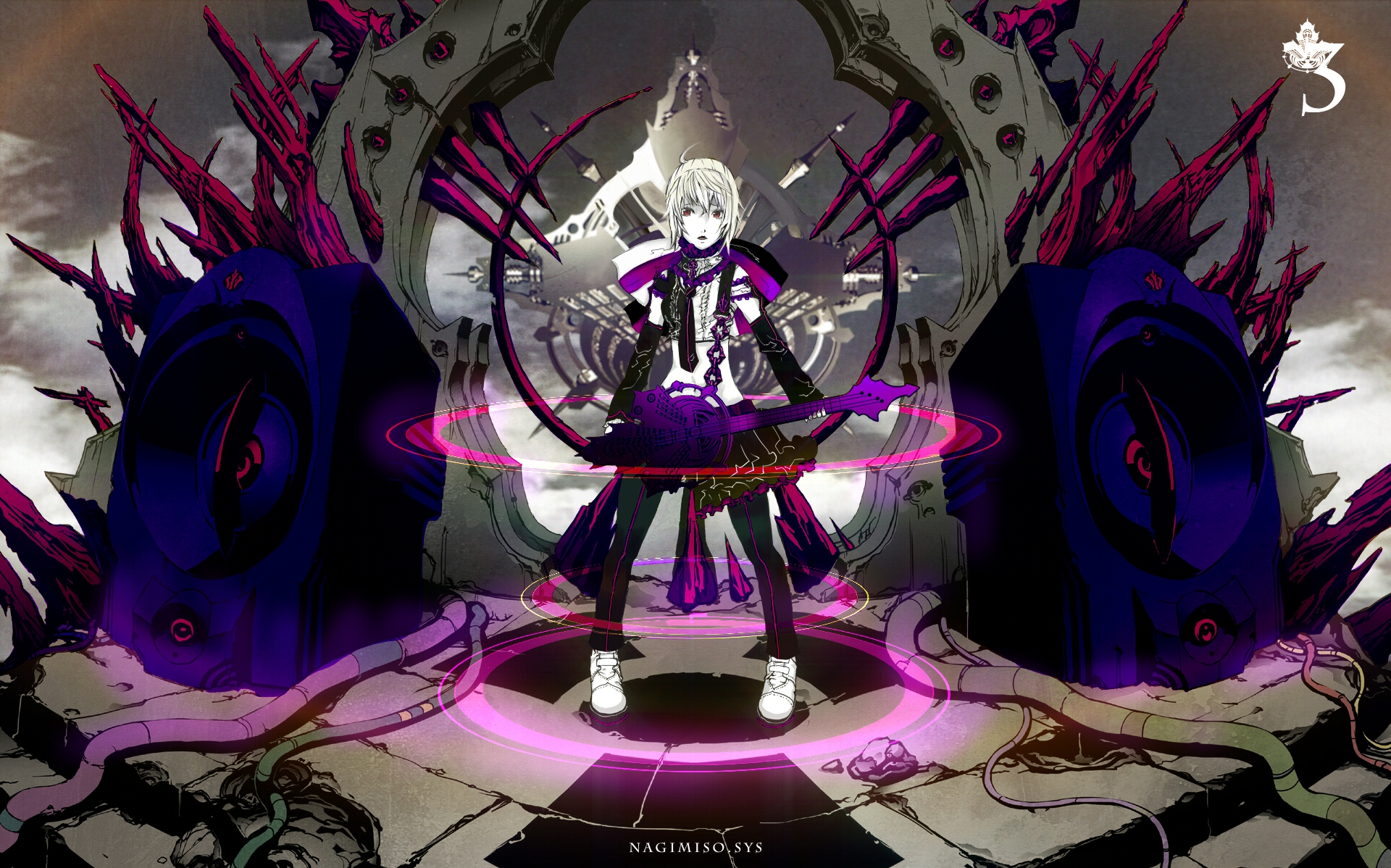 guitar, instrument, meltdown_(vocaloid), music, red_eyes, short_hair, vocaloid, white_hair