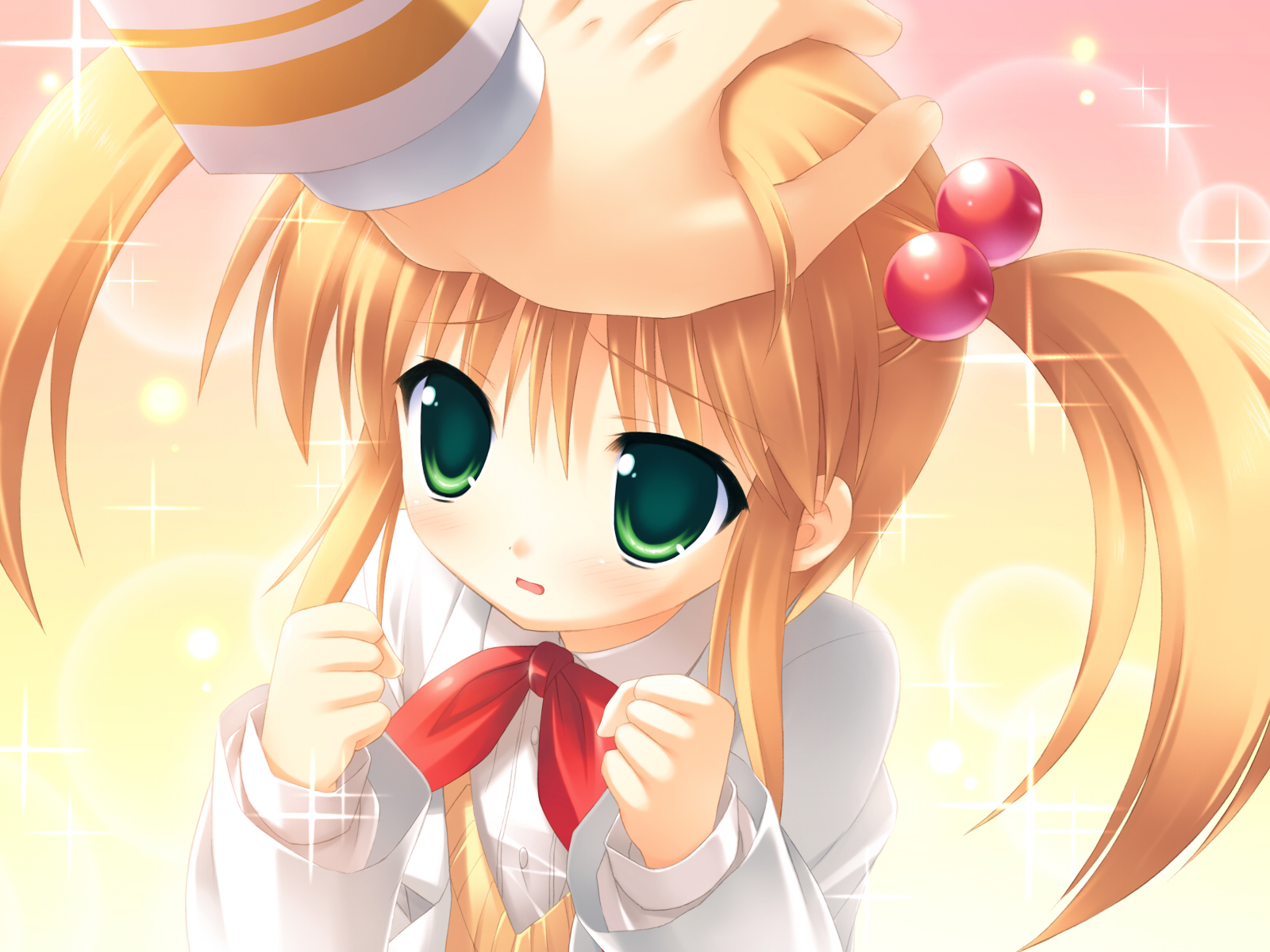 blonde_hair, blush, game_cg, green_eyes, hiiragi_chiyoko, kiss_x_demon_lord_x_darjeeling, loli, marmalade