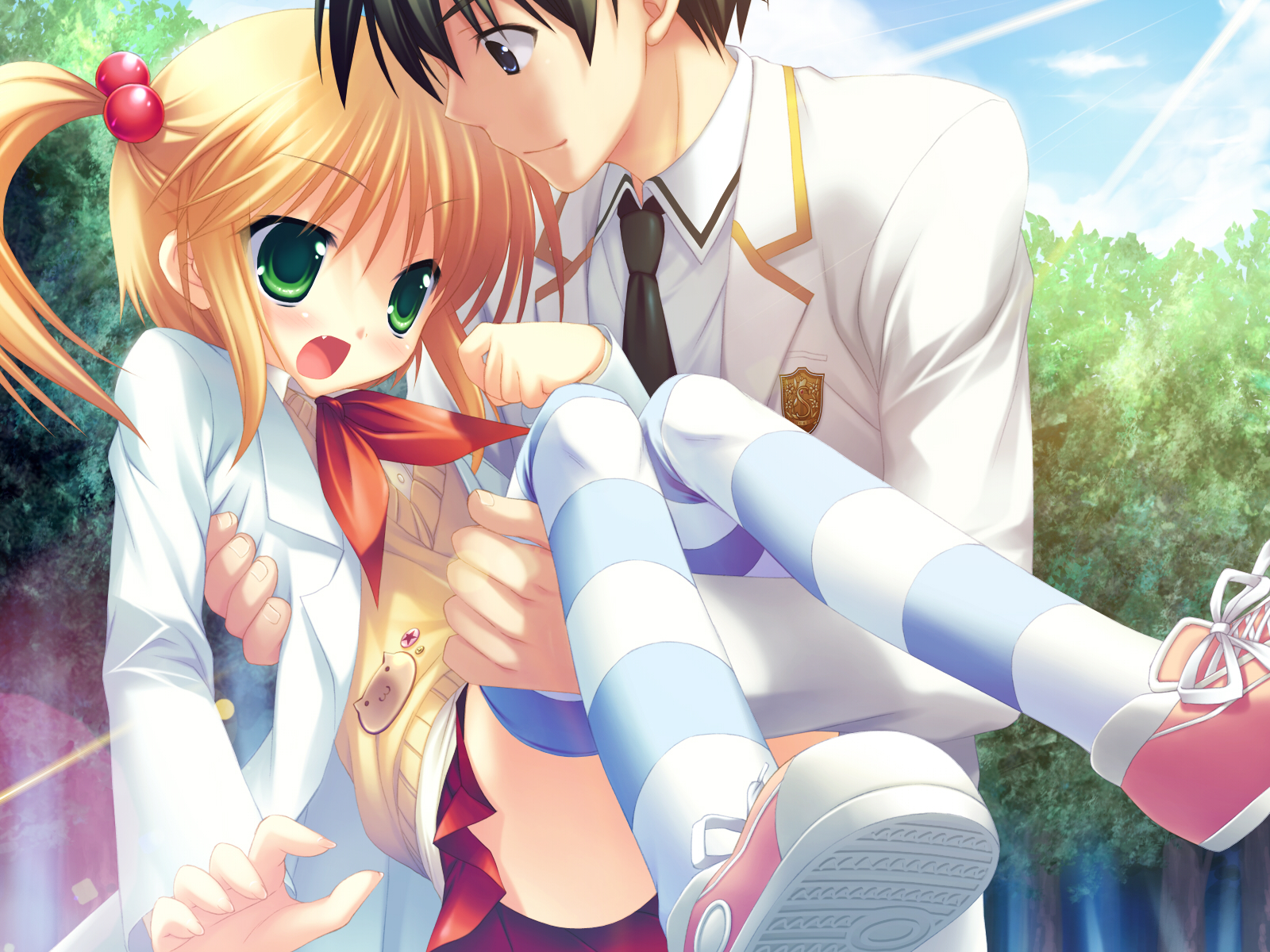 blonde_hair, blush, fang, game_cg, green_eyes, hiiragi_chiyoko, kiss_x_demon_lord_x_darjeeling, marmalade, sasorigatame, thighhighs