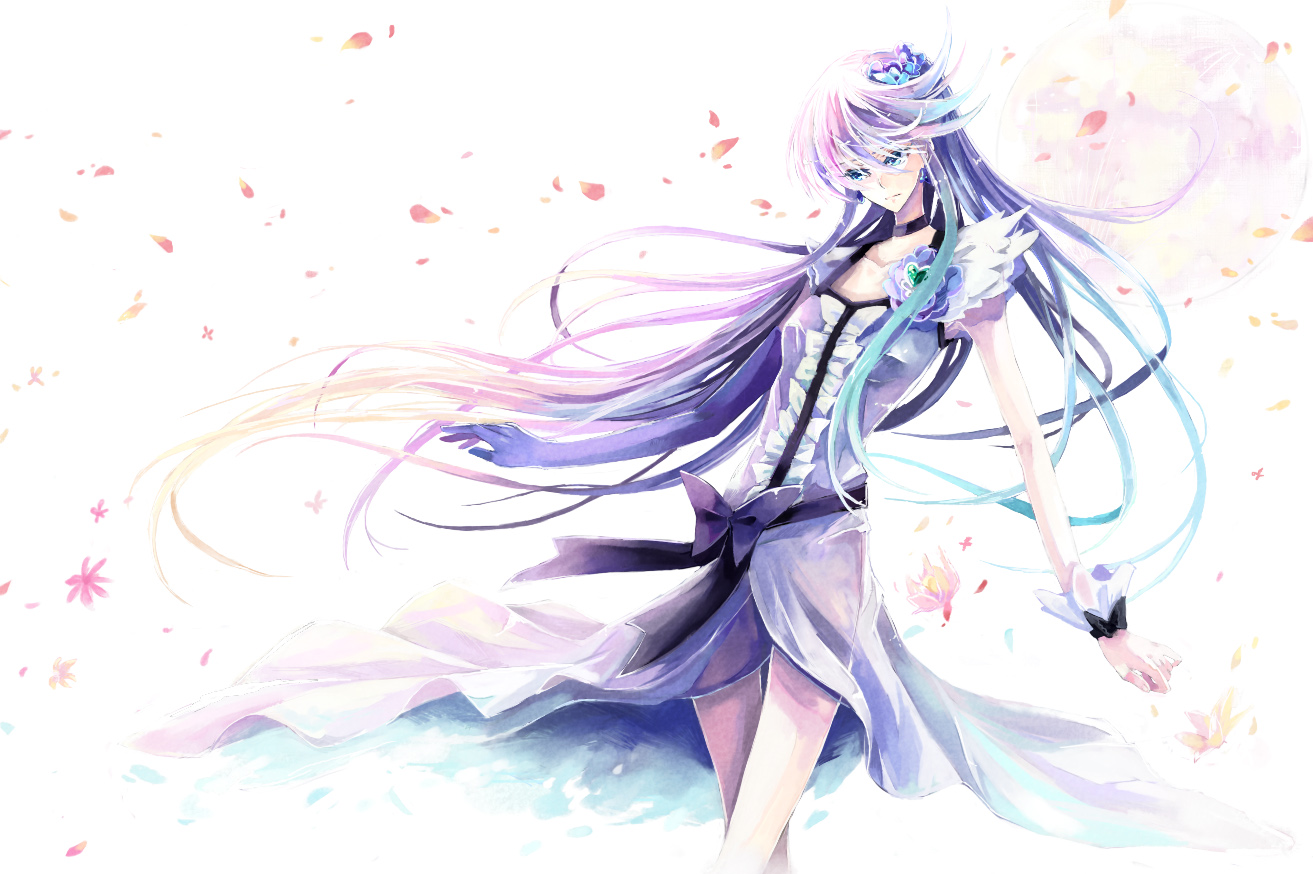 blue_eyes, dress, futari_wa_precure, long_hair, nako_(nonrain), petals, precure, purple_hair