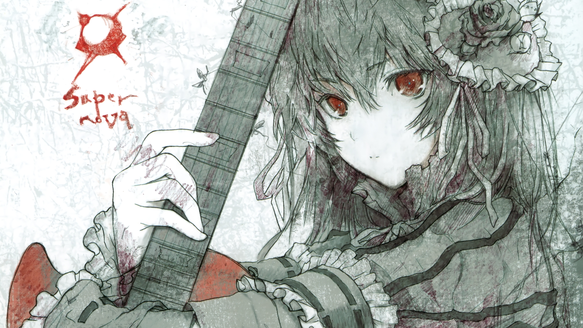 fuyuno_haruaki, guitar, instrument, lolita_fashion, red_eyes
