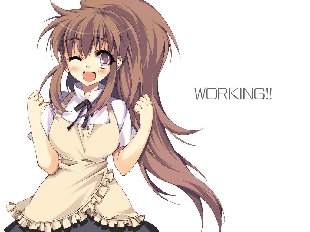 anapom, apron, blush, brown_eyes, brown_hair, long_hair, ponytail, taneshima_popura