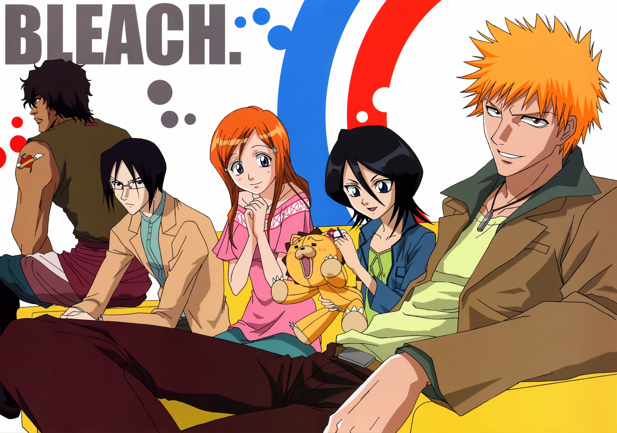 black_hair, bleach, brown_hair, glasses, group, inoue_orihime, ishida_uryuu, kon