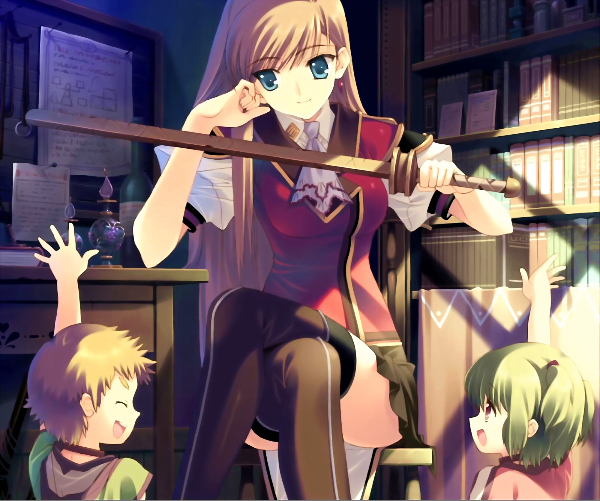 blonde_hair, blue_eyes, book, katana, octavia, skirt, sword, tears_to_tiara, thighhighs, weapon