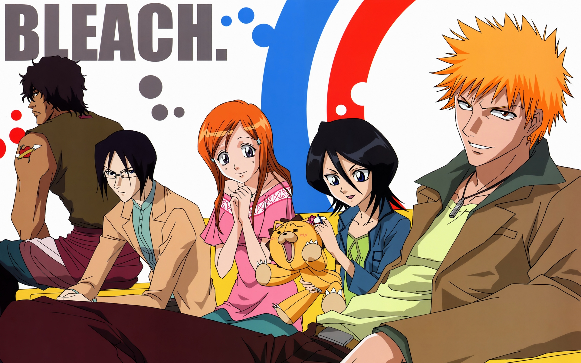 black_hair, bleach, brown_hair, glasses, group, inoue_orihime, ishida_uryuu, kon