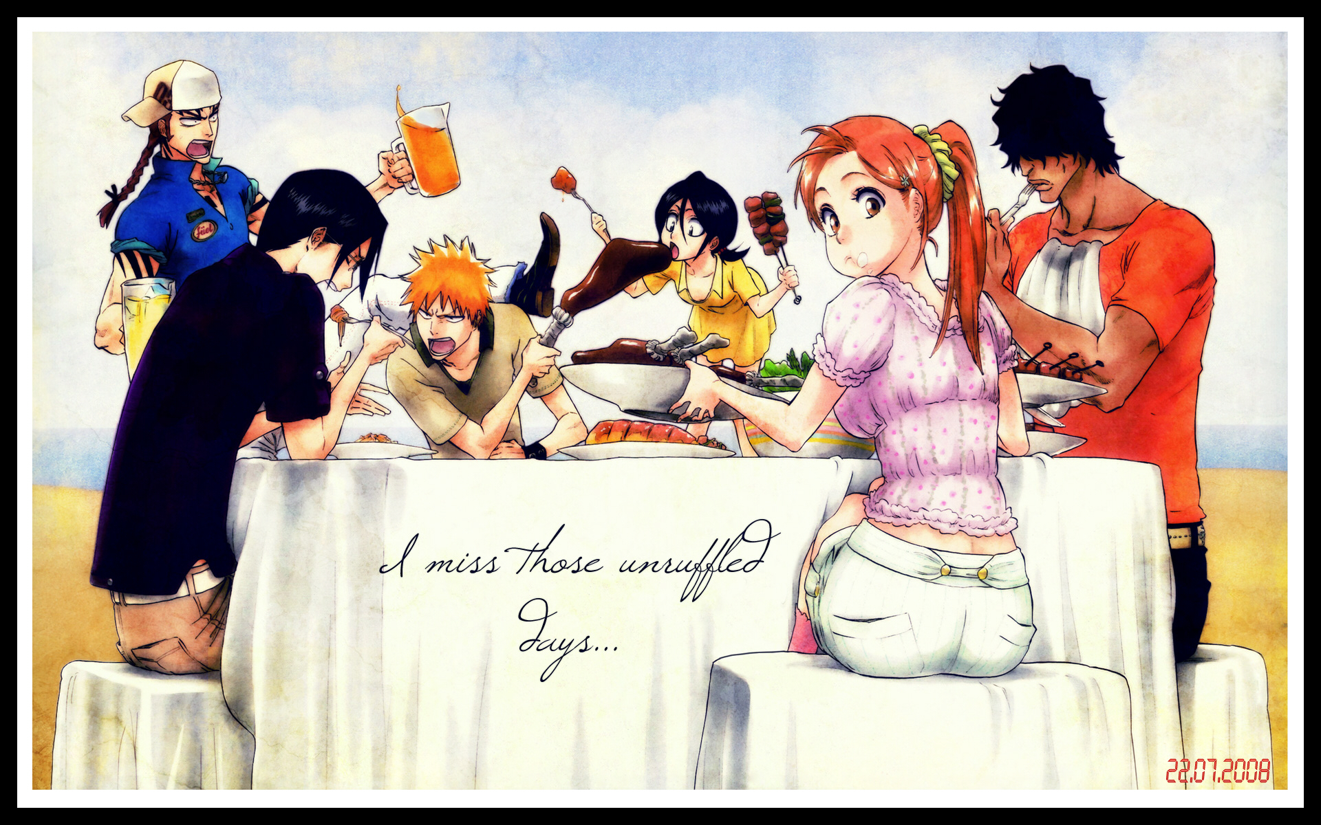 abarai_renji, black_eyes, black_hair, bleach, braids, brown_eyes, brown_hair, food