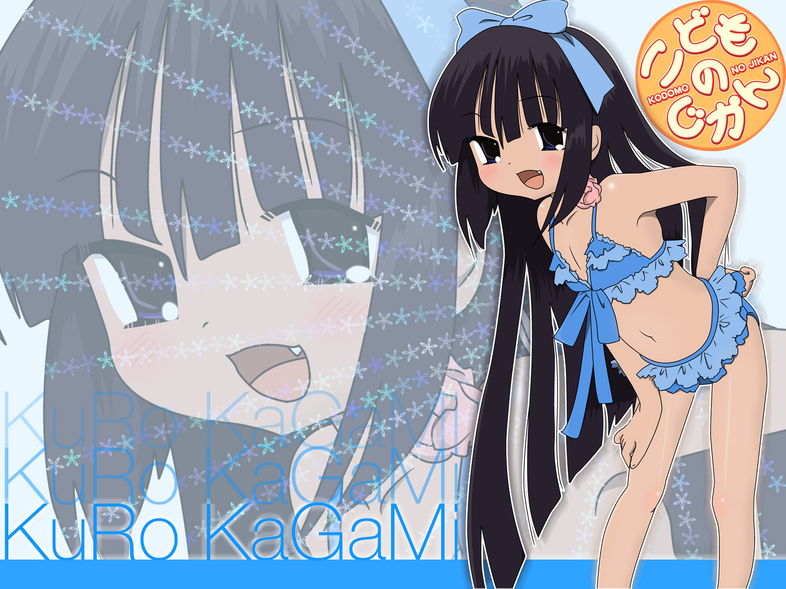 bikini, black_hair, blue_eyes, bow, jpeg_artifacts, kagami_kuro, kodomo_no_jikan, logo, loli, long_hair, navel, swimsuit, vector, zoom_layer