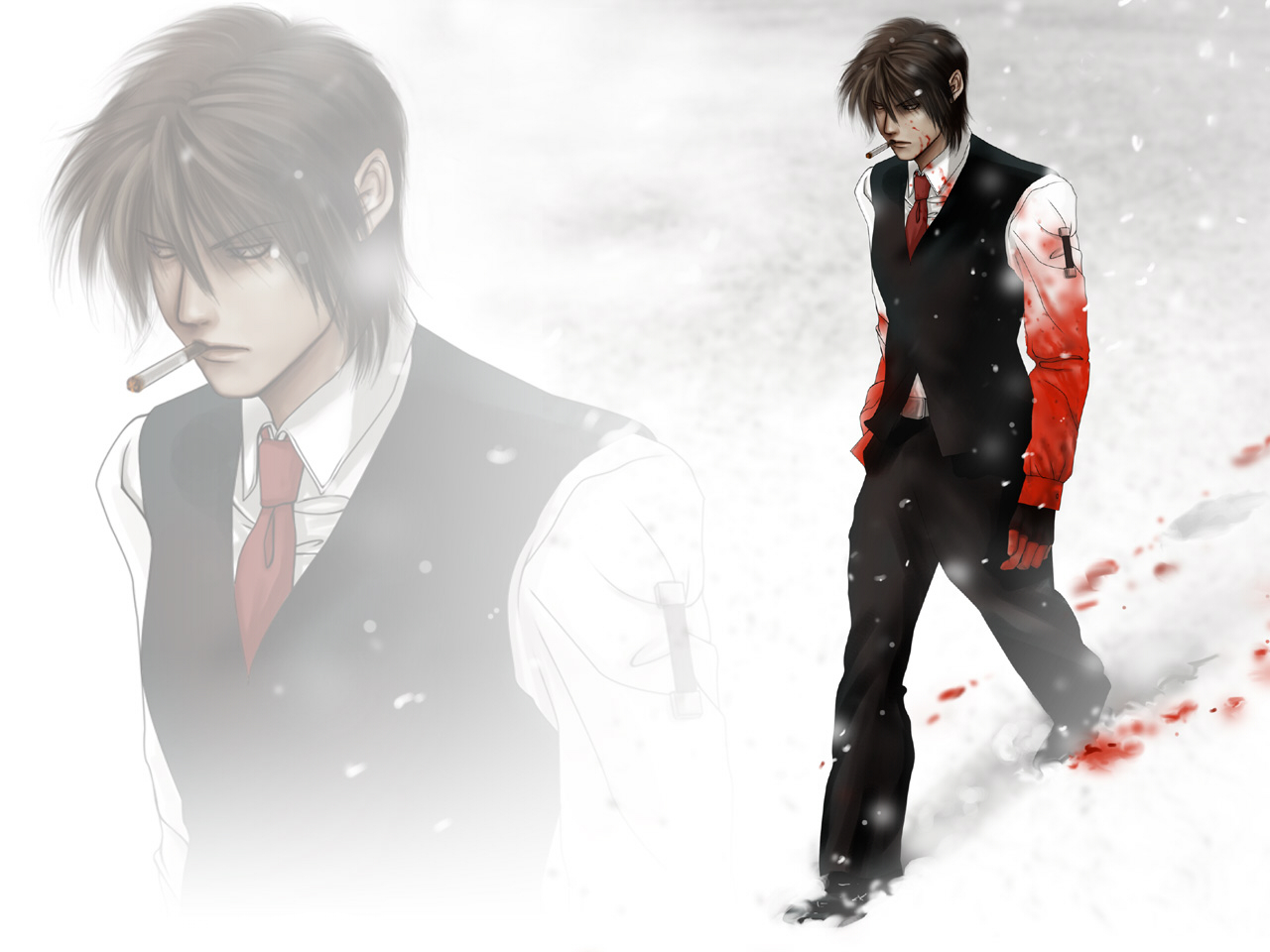 all_male, blood, brown_hair, cigarette, hellsing, male, short_hair, snow
