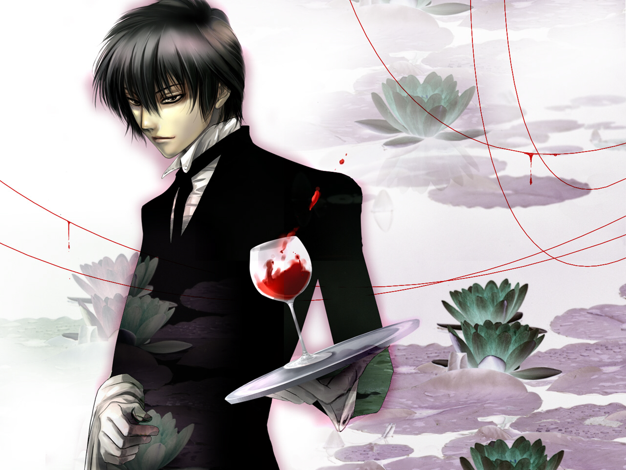 all_male, black_eyes, black_hair, drink, gloves, hellsing, male, short_hair, suit, tie, walter_c_dornez