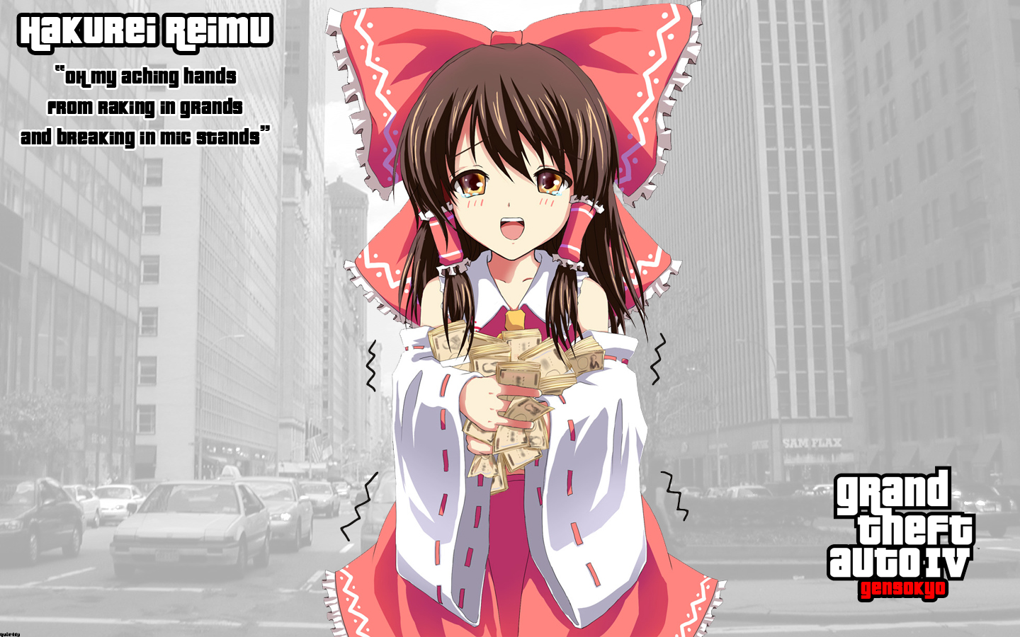 brown_hair, grand_theft_auto, hakurei_reimu, japanese_clothes, long_hair, miko, parody, ribbons