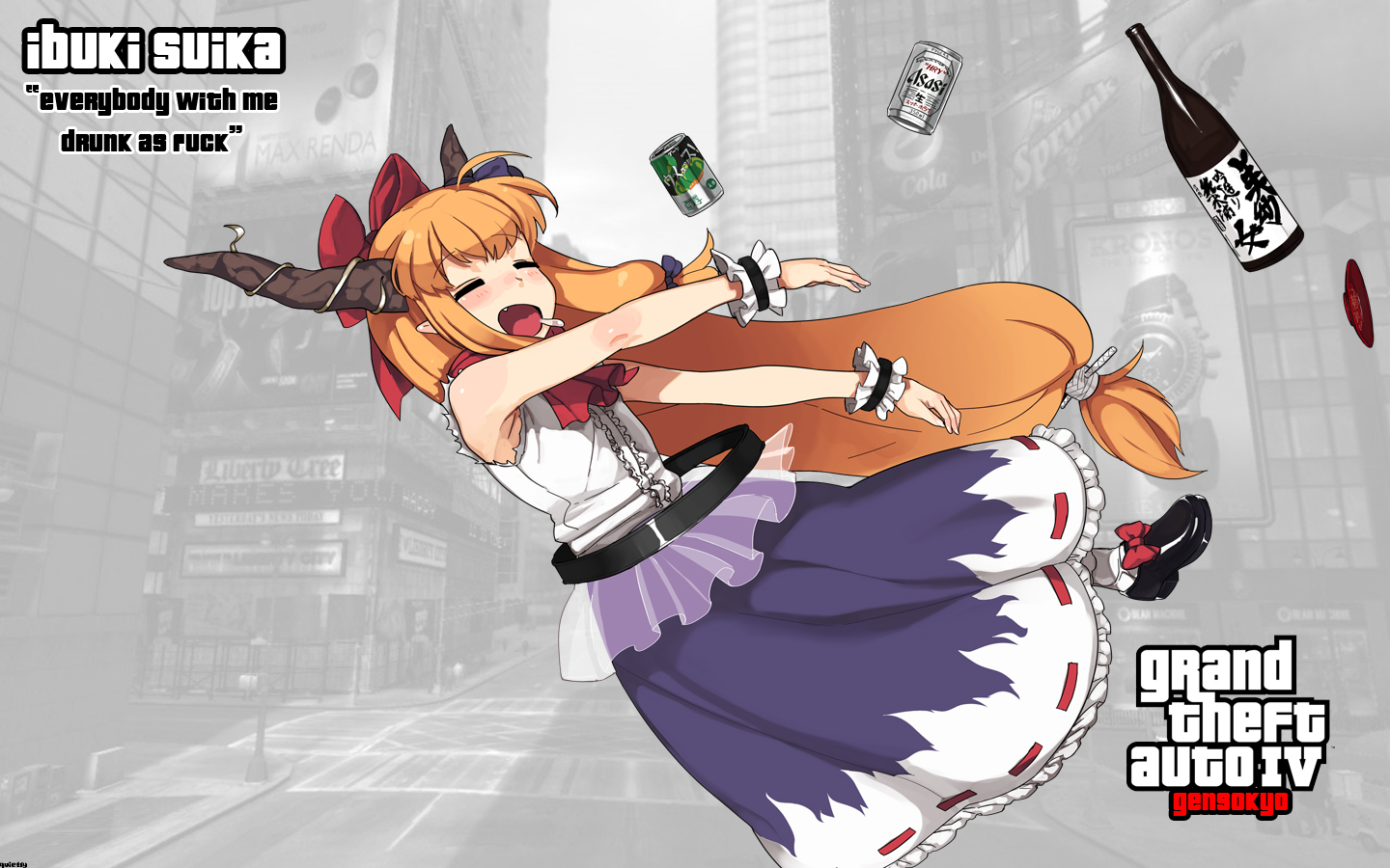 dress, fang, grand_theft_auto, horns, ibuki_suika, long_hair, orange_hair, parody