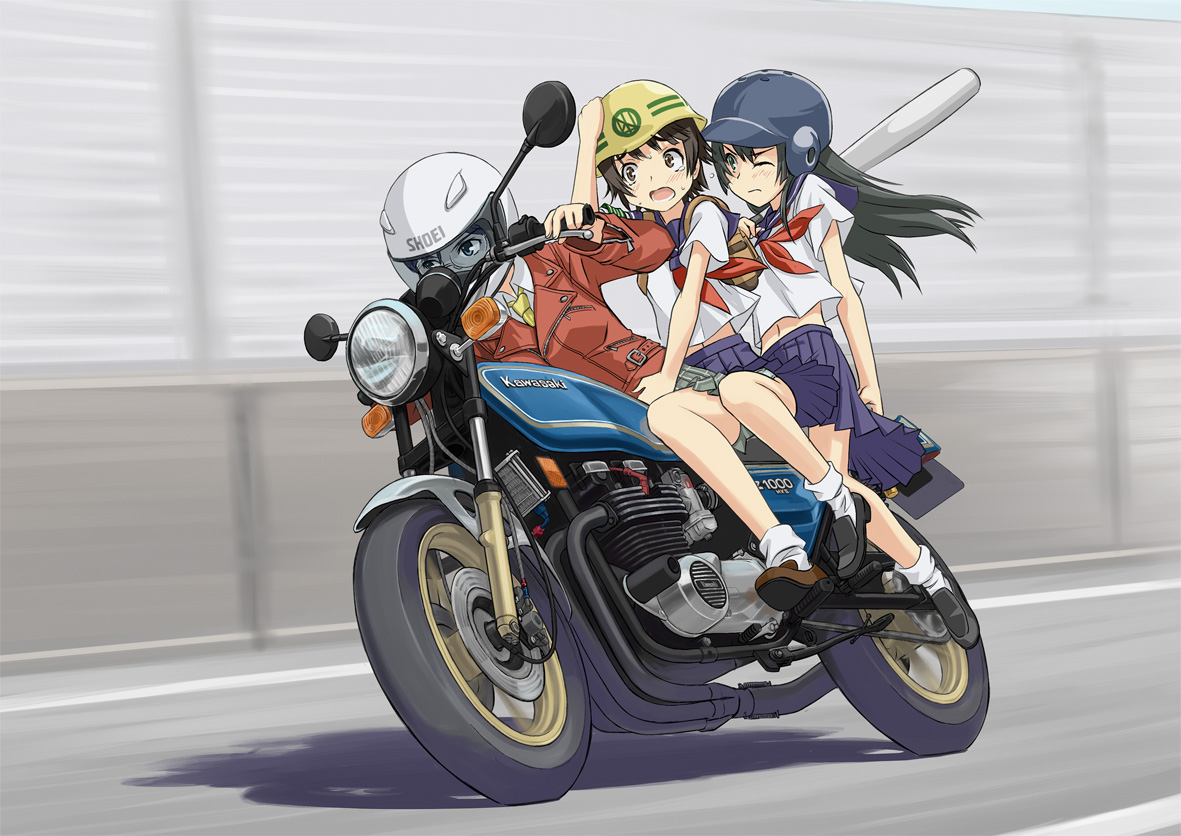 baseball_bat, black_hair, blue_eyes, blush, brown_eyes, green_eyes, hat, konori_mii