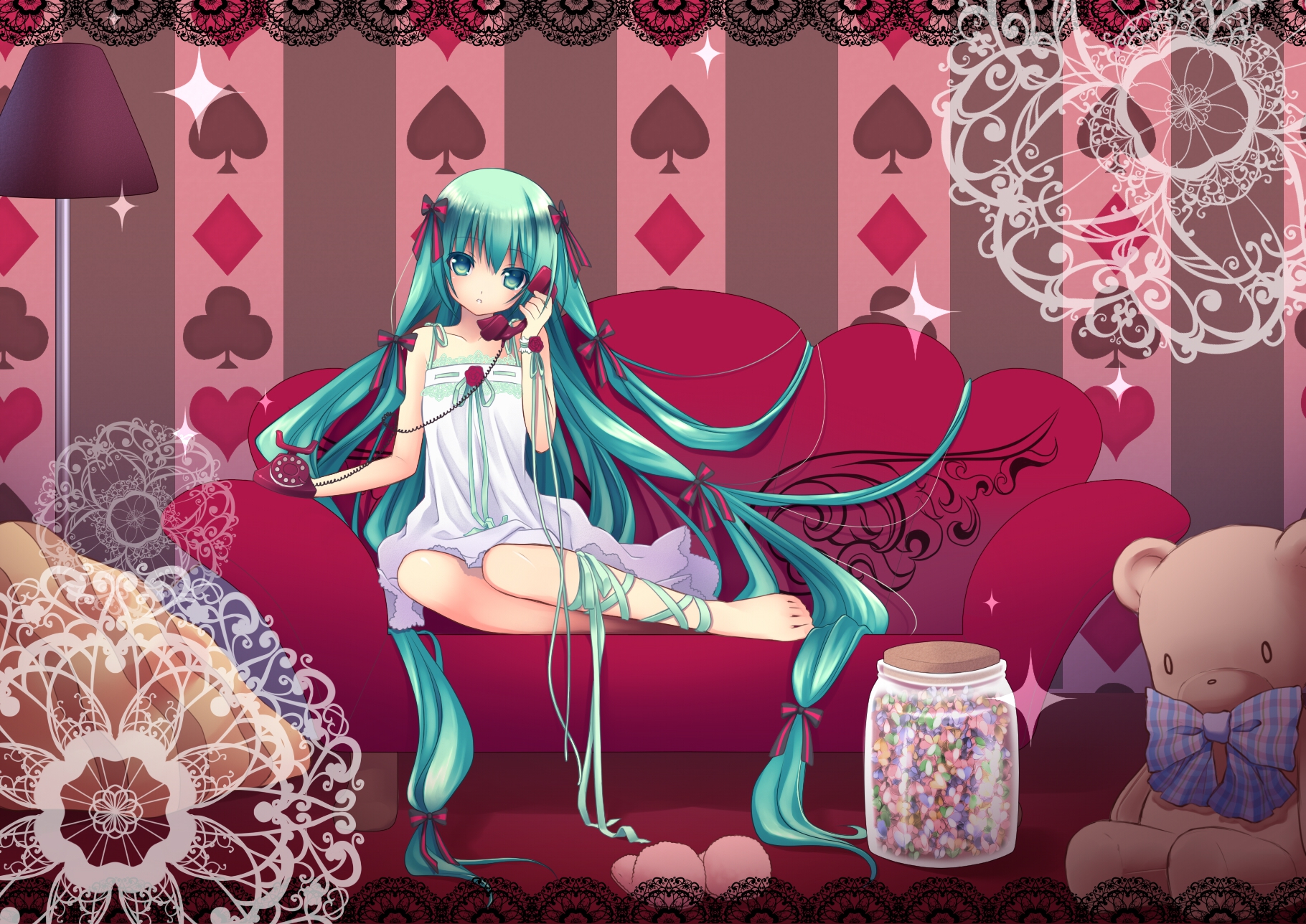 barefoot, dress, flowers, green_eyes, green_hair, hatsune_miku, long_hair, nana_mikoto