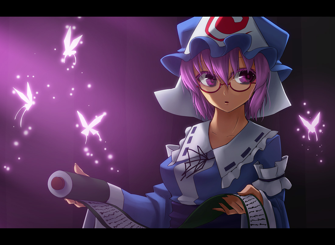 din_(flypaper), glasses, hat, purple_eyes, purple_hair, saigyouji_yuyuko, short_hair, touhou
