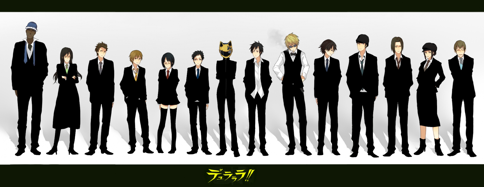 black_hair, blonde_hair, brezhnev_simon, brown_hair, celty_sturluson, durarara!!, ghost_in_the_shell:_stand_alone_complex, glasses, hat, heiwajima_shizuo, kadota_kyohei, karisawa_erika, kida_masaomi, kishitani_shinra, long_hair, male, orihara_izaya, parody, ryuugamine_mikado, short_hair, skirt, sonohara_anri, suit, sunglasses, thighhighs, tie, togusa_saburou, yagiri_namie, yagiri_seiji, yumasaki_walker