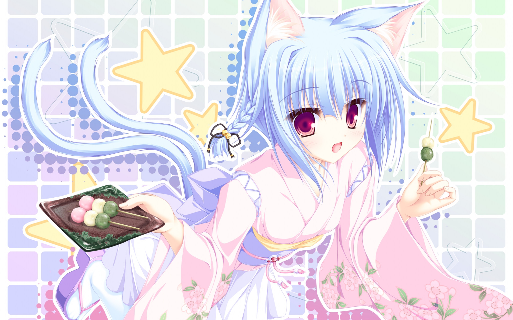 animal_ears, bell, blue_hair, blush, bow, catgirl, food, japanese_clothes, kiryuu_hina, mikagami_mamizu, neko_koi, red_eyes, tail, yukata