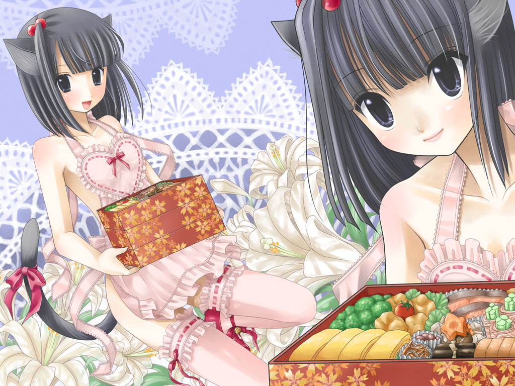 akatsuki_no_kemono, animal_ears, apron, bell, black_hair, bow, catgirl, food