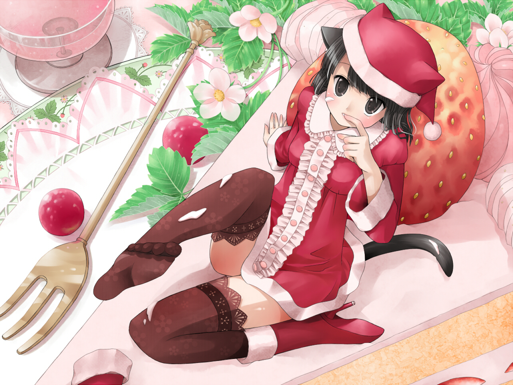 akatsuki_no_kemono, animal_ears, black_hair, catgirl, christmas, hat, kanzaki_miku, kuroinu