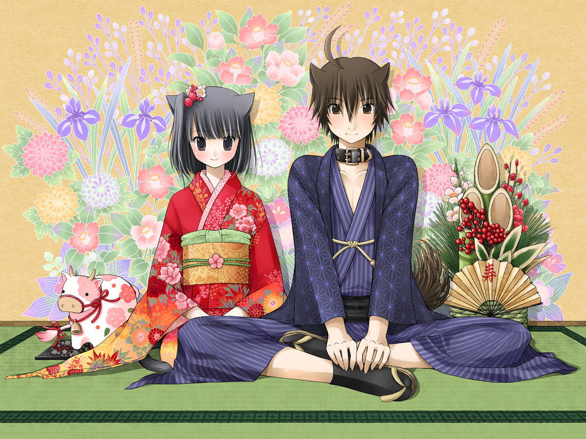 akatsuki_no_kemono, animal_ears, bell, black_hair, blush, bow, brown_hair, catboy