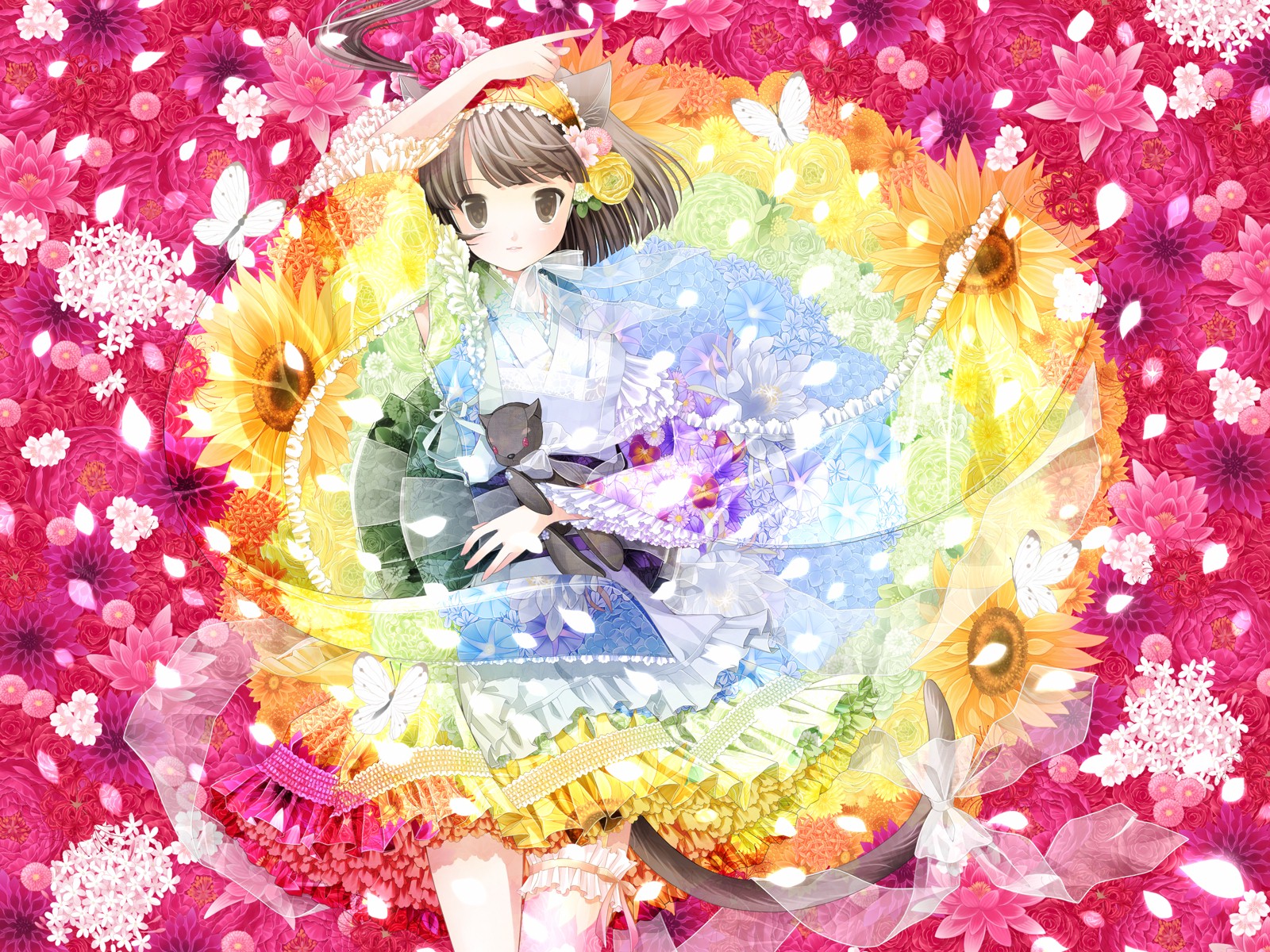 akatsuki_no_kemono, animal_ears, brown_eyes, brown_hair, butterfly, catgirl, flowers, japanese_clothes