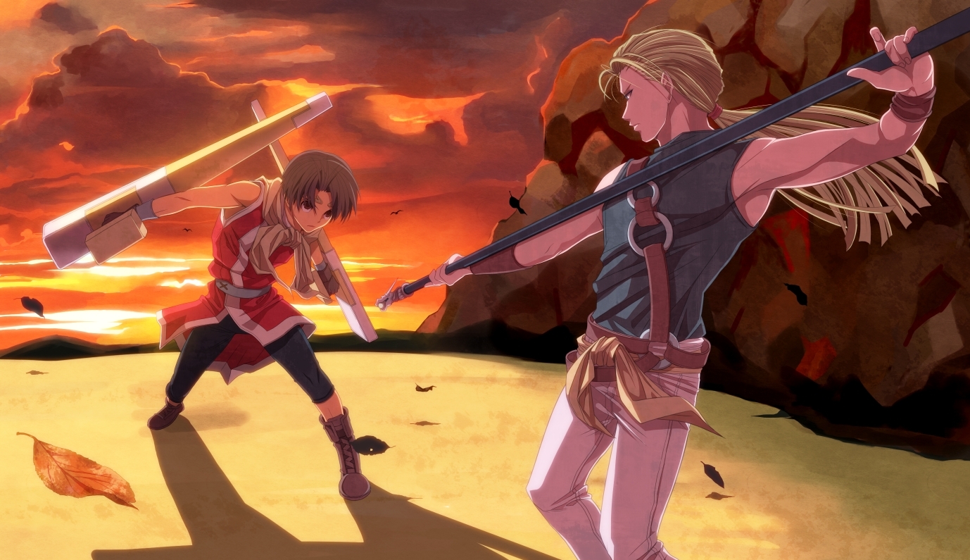 blonde_hair, brown_hair, long_hair, suikoden_ii, tagme