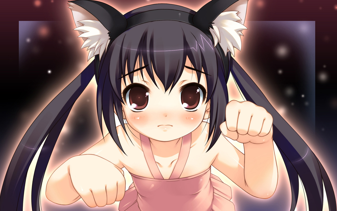 akiba_hideki, animal_ears, black_hair, blush, brown_eyes, catgirl, dress, k-on!, long_hair, nakano_azusa, twintails