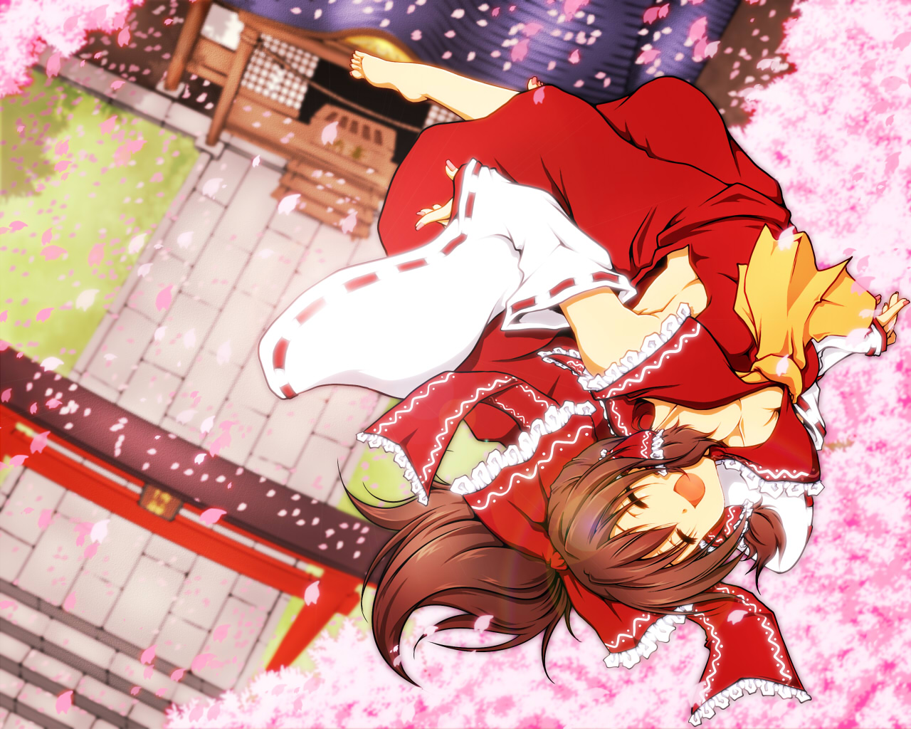 barefoot, brown_hair, cherry_blossoms, flowers, hakurei_reimu, haruyonoto, japanese_clothes, long_hair