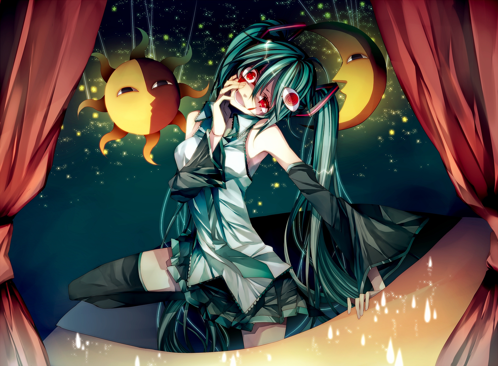 aqua_hair, hatsune_miku, long_hair, moon, petenshi_ga_warau_koro_ni_(vocaloid), red_eyes, skirt, stars, thighhighs, tsukioka_tsukiho, twintails, vocaloid