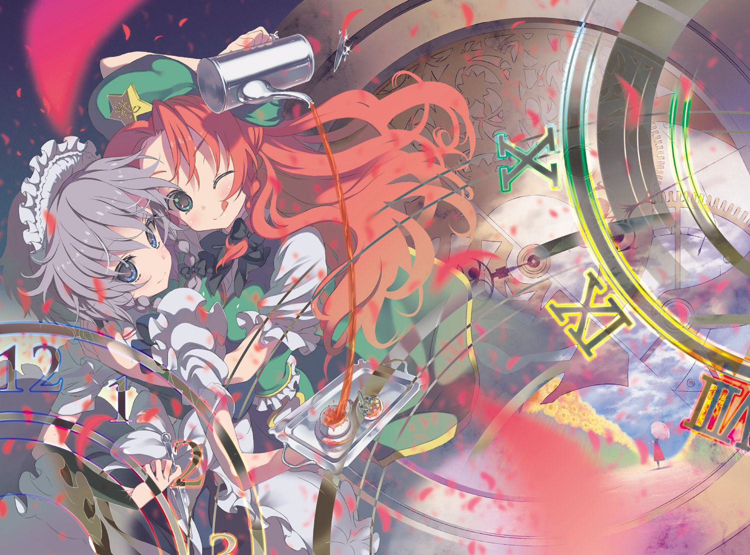 drink, hong_meiling, izayoi_sakuya, kazami_yuuka, maid, moriki_takeshi, touhou