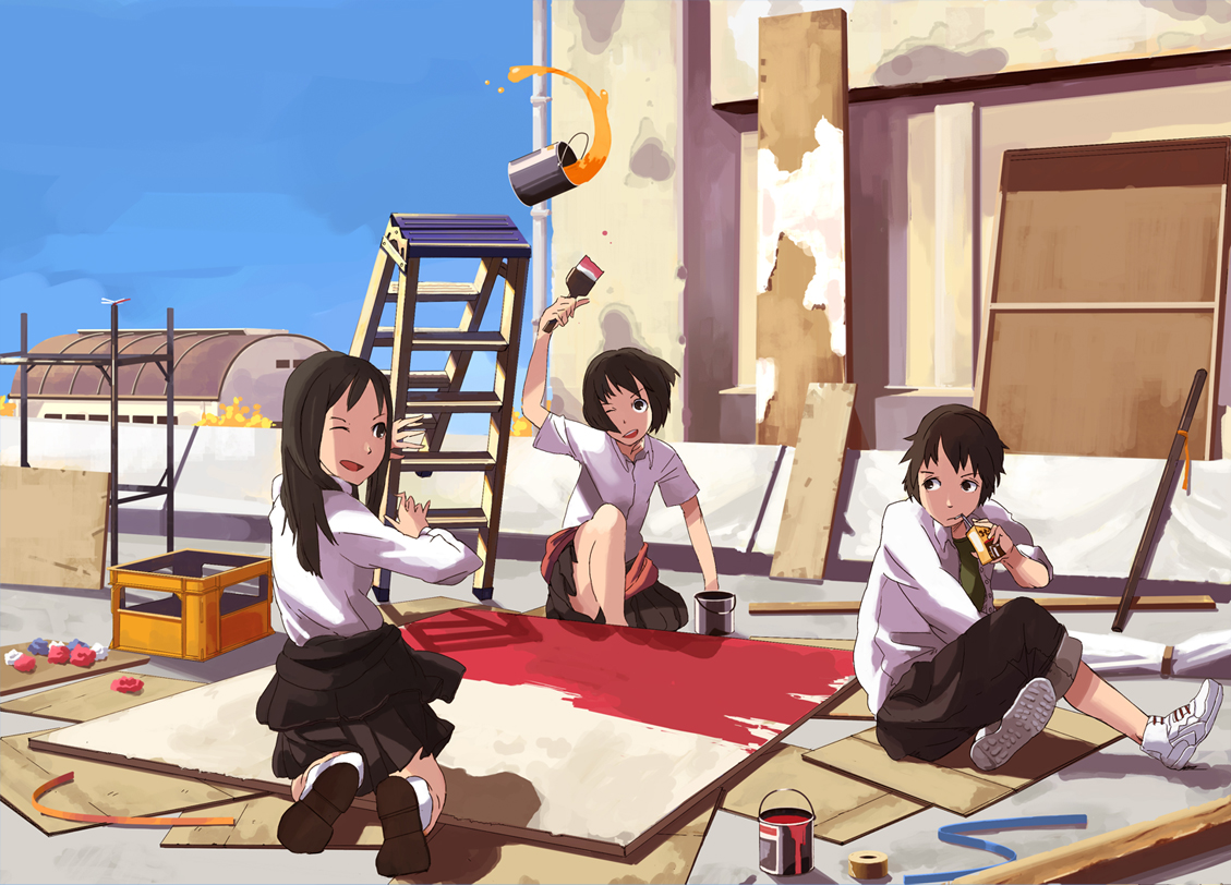 black_hair, brown_hair, inaba_taiju, long_hair, original, skirt, sky, wink