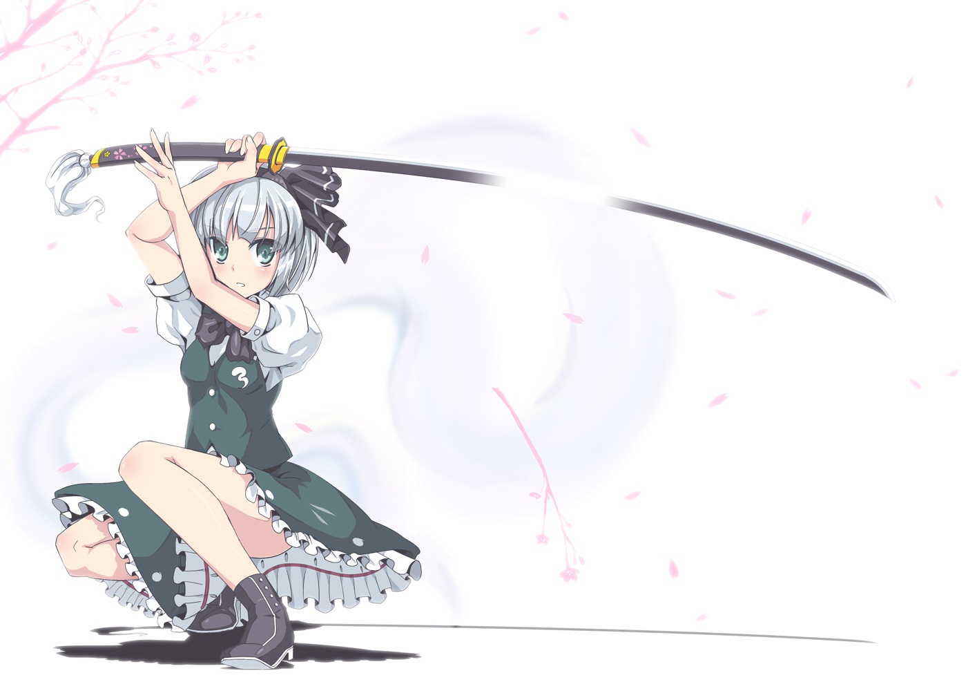 cherry_blossoms, dress, flowers, green_eyes, hebata, katana, konpaku_youmu, myon, short_hair, sword, touhou, weapon, white_hair