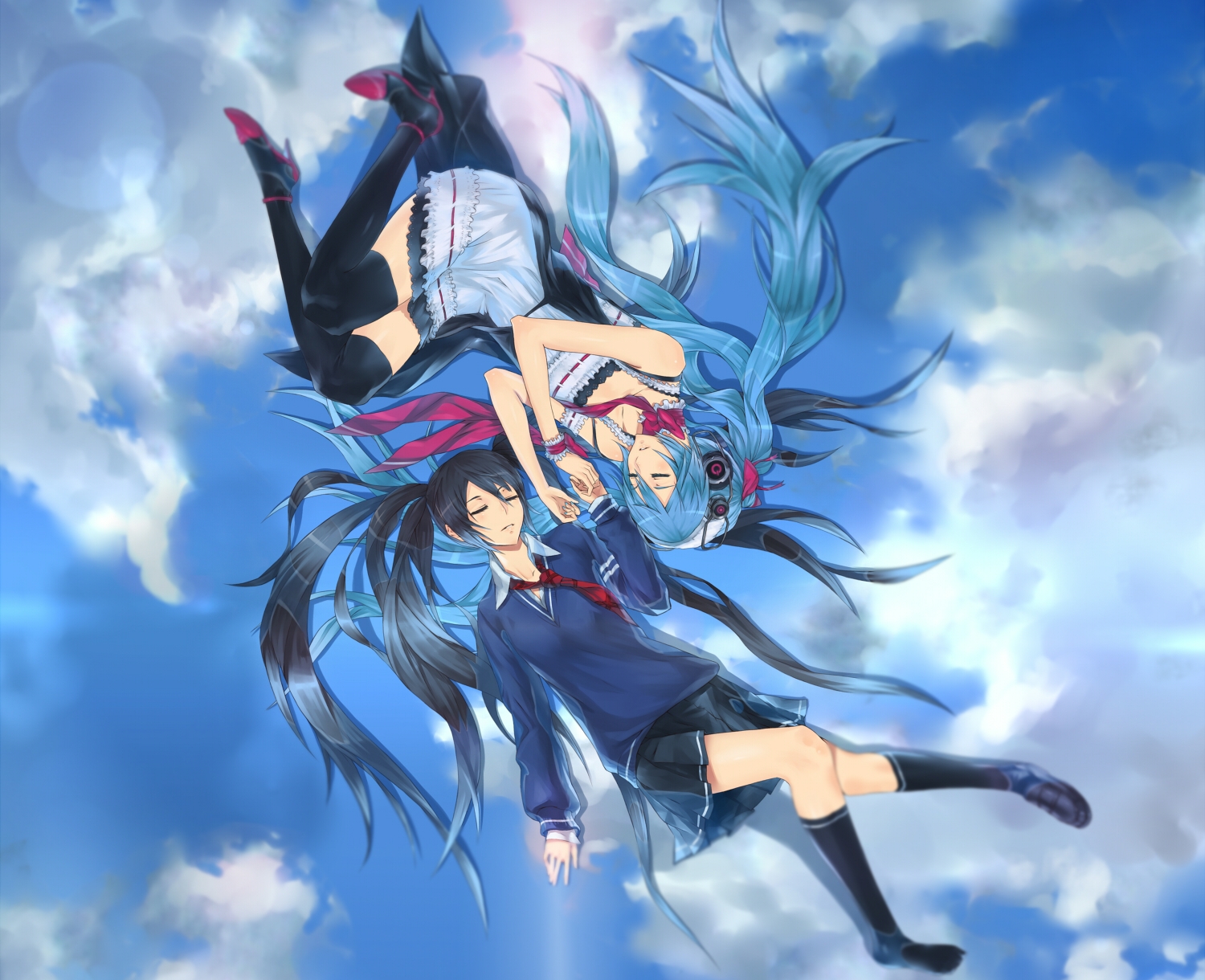 black_hair, blue_hair, dress, hatsune_miku, kneehighs, long_hair, monochro_blue_sky_(vocaloid), nidy-2d-