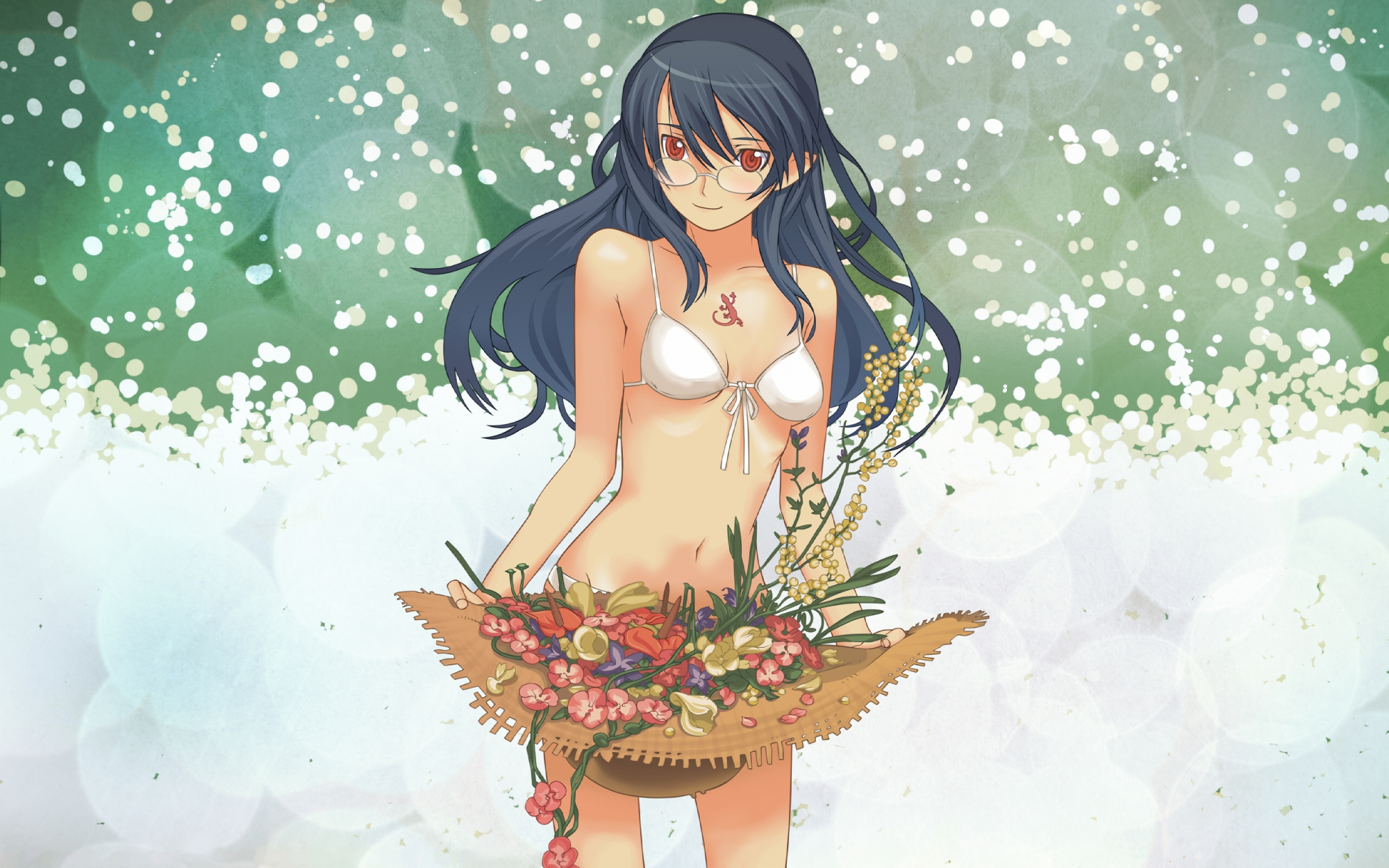 bikini, black_hair, blush, flowers, hat, kuroboshi_kouhaku, long_hair, original, red_eyes, swimsuit, tattoo