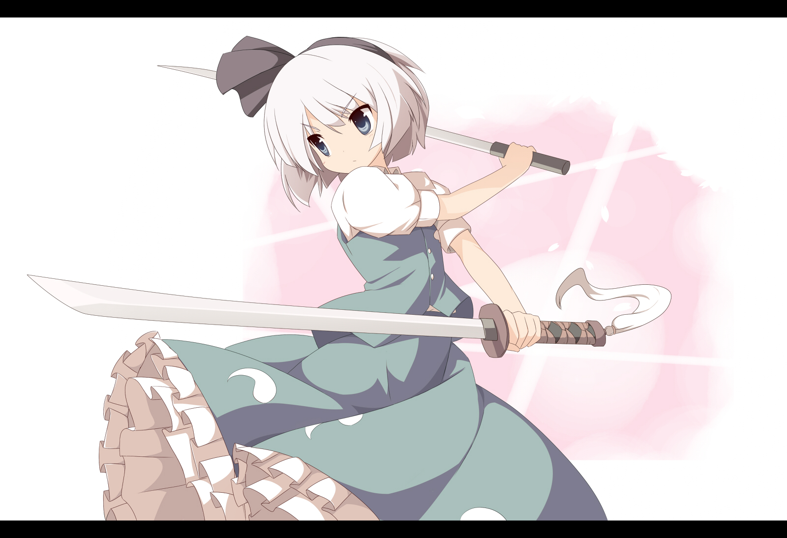 blue_eyes, dress, gray_hair, katana, konpaku_youmu, machily, ribbons, short_hair