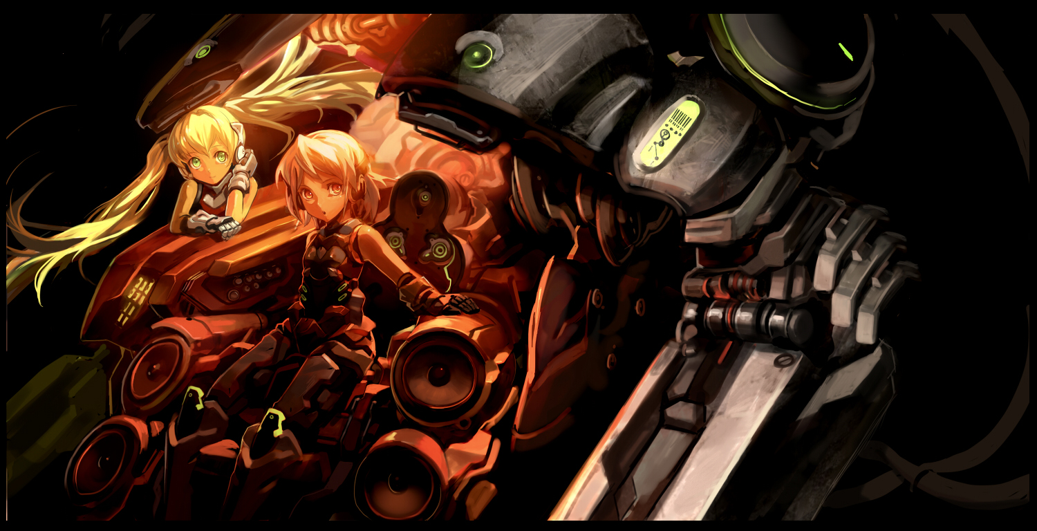 blonde_hair, green_eyes, headphones, mecha, robot, won_(toufunokado)