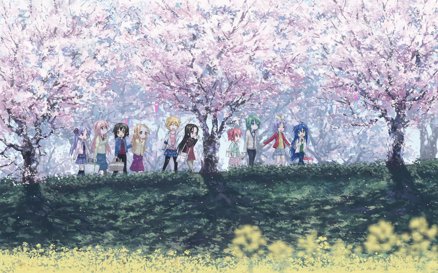 black_hair, blonde_hair, blue_eyes, blue_hair, bow, brown_hair, camera, cherry_blossoms, flowers, glasses, green_eyes, green_hair, hiiragi_kagami, hiiragi_tsukasa, isou_nagi, iwasaki_minami, izumi_konata, kobayakawa_yutaka, kusakabe_misao, long_hair, lucky_star, minegishi_ayano, patricia_martin, pink_eyes, pink_hair, purple_eyes, purple_hair, ribbons, scenic, short_hair, skirt, takara_miyuki, tamura_hiyori, thighhighs, tree, twintails, yellow_eyes