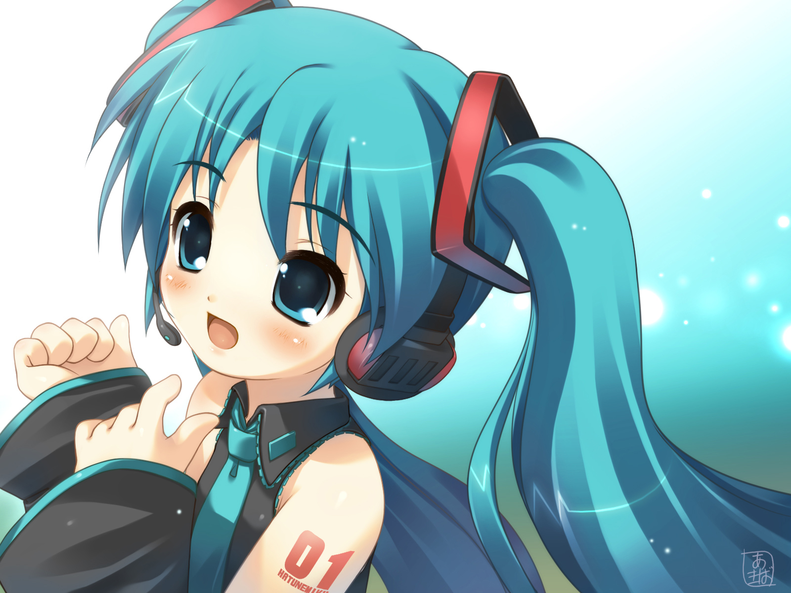 akiba_hideki, aqua_hair, blue_eyes, blush, hatsune_miku, headphones, tie, twintails