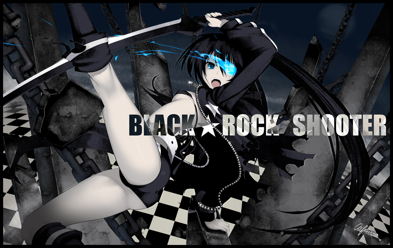 black_hair, black_rock_shooter, blue_eyes, boots, coffee_cat, fire, kuroi_mato, long_hair