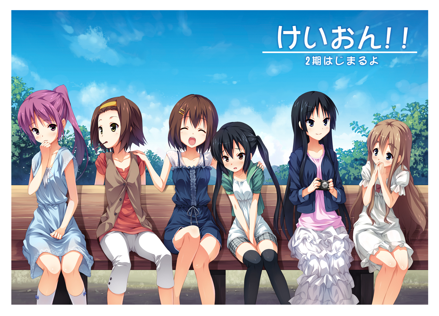 akiyama_mio, black_eyes, black_hair, blonde_hair, blue_eyes, blush, brown_eyes, brown_hair, camera, dress, group, hirasawa_yui, k-on!, kotobuki_tsumugi, long_hair, miura_akane, nakano_azusa, ponytail, purple_hair, red_eyes, senji_(tegone_spike), short_hair, skirt, sky, tainaka_ritsu, thighhighs, twintails