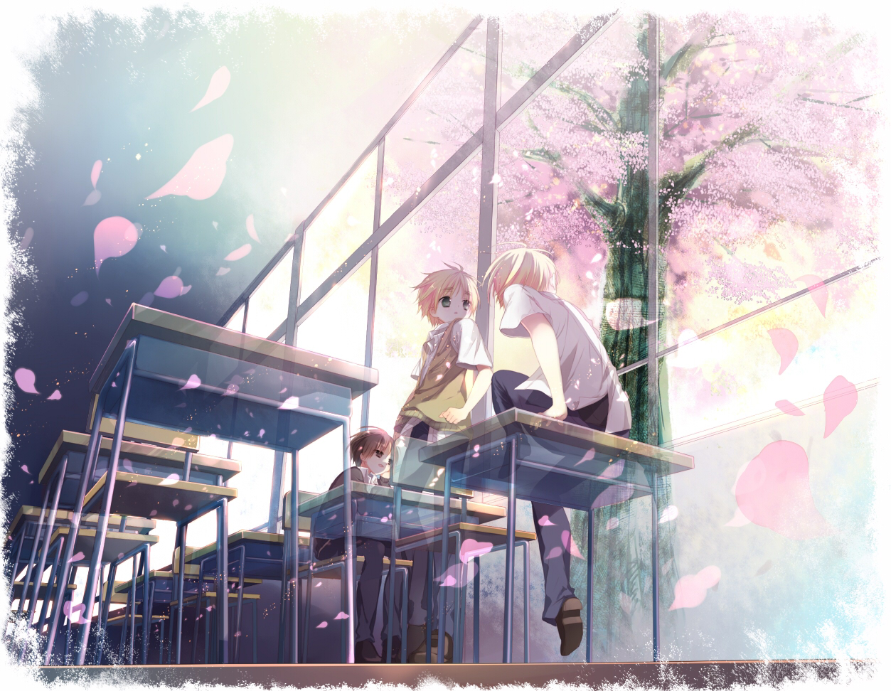 all_male, america_(hetalia), anthropomorphism, axis_powers_hetalia, cherry_blossoms, flowers, male, united_kingdom_(hetalia)