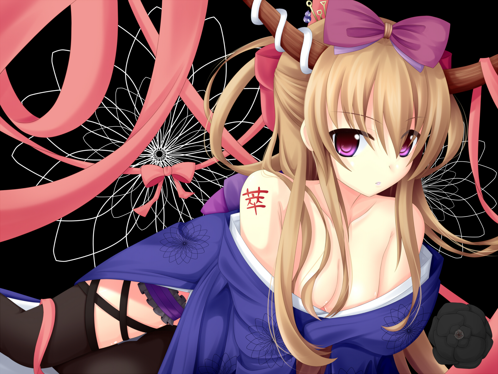 blonde_hair, bow, breasts, cleavage, horns, ibuki_suika, japanese_clothes, kimono, long_hair, masiroke, no_bra, ponytail, purple_eyes, ribbons, tattoo, thighhighs, touhou