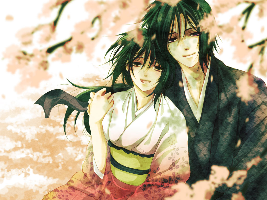 black_hair, brown_eyes, cherry_blossoms, flowers, hakuouki_shinsengumi_kitan, hijikata_toshizou, japanese_clothes, kimono