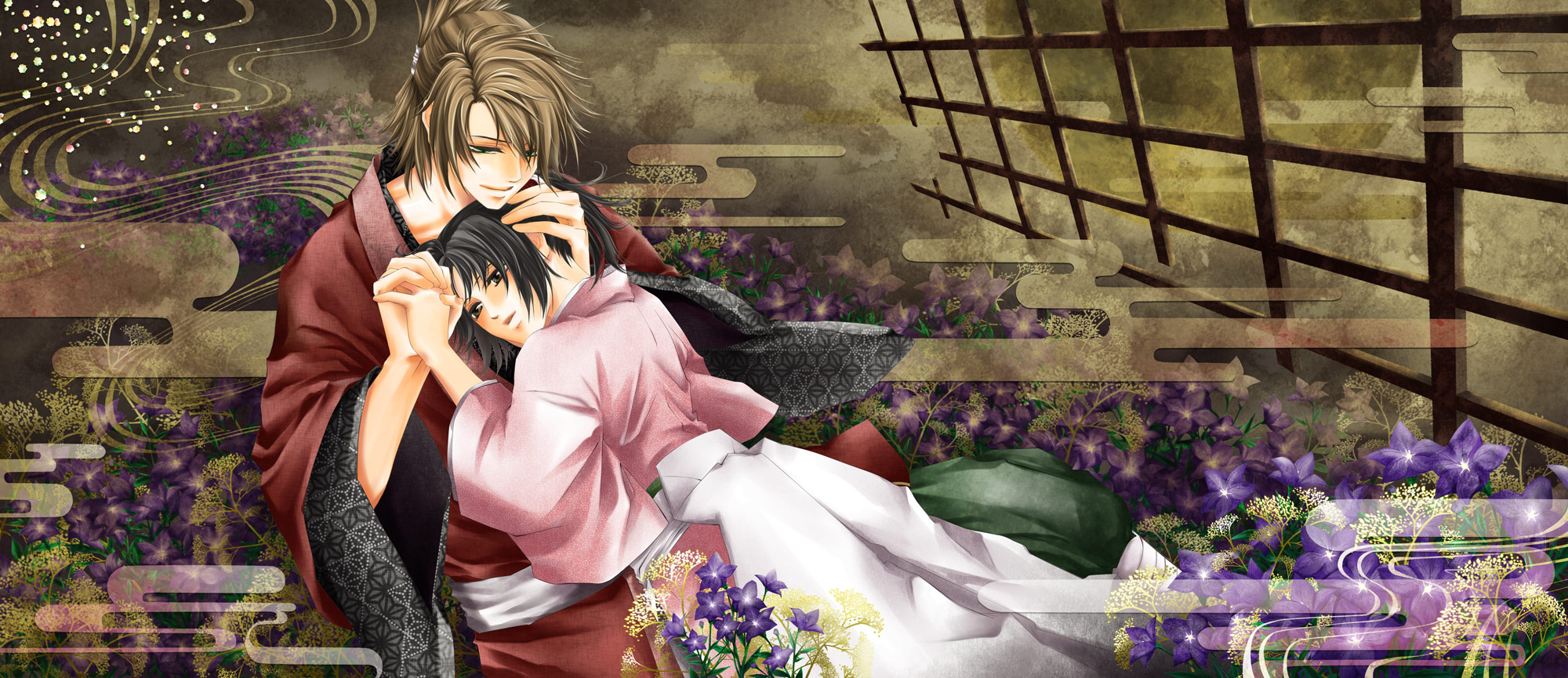 black_hair, brown_eyes, brown_hair, flowers, green_eyes, hakuouki_shinsengumi_kitan, japanese_clothes, kimono