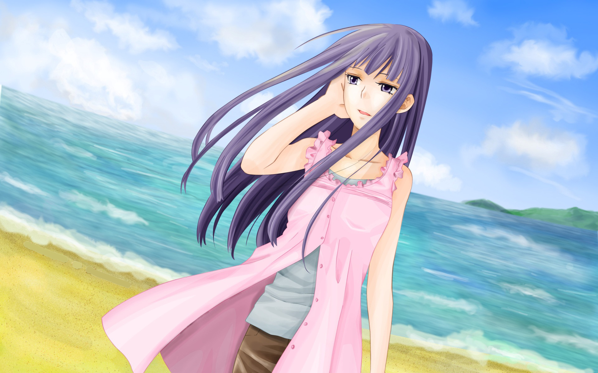 beach, long_hair, narumi_madoka, purple_eyes, purple_hair, sky, spiral, water