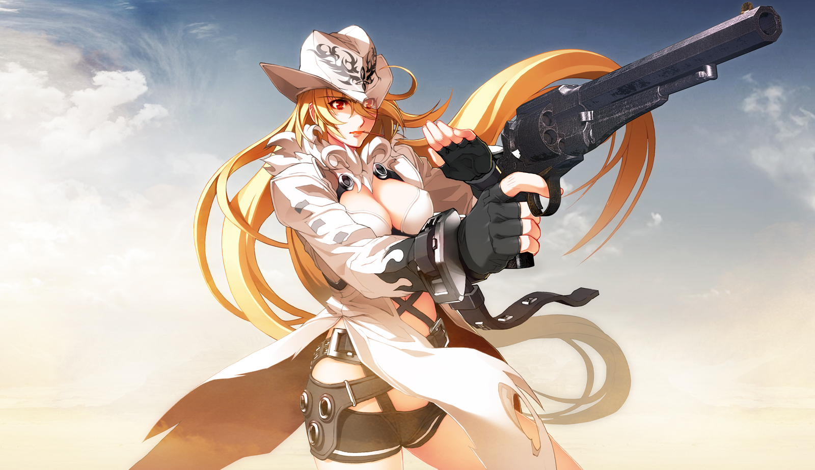 blonde_hair, breasts, cleavage, donne_anonime, gloves, gun, hat, long_hair