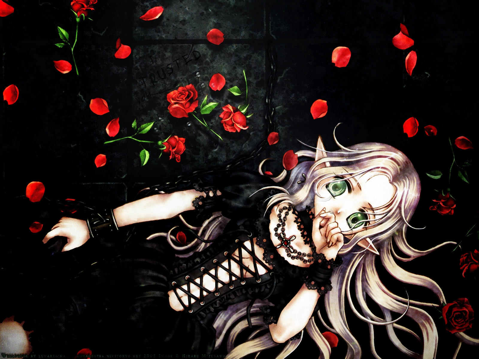 flowers, gray_hair, green_eyes, long_hair, mizusawa_hikaru, petals, pointed_ears, rose