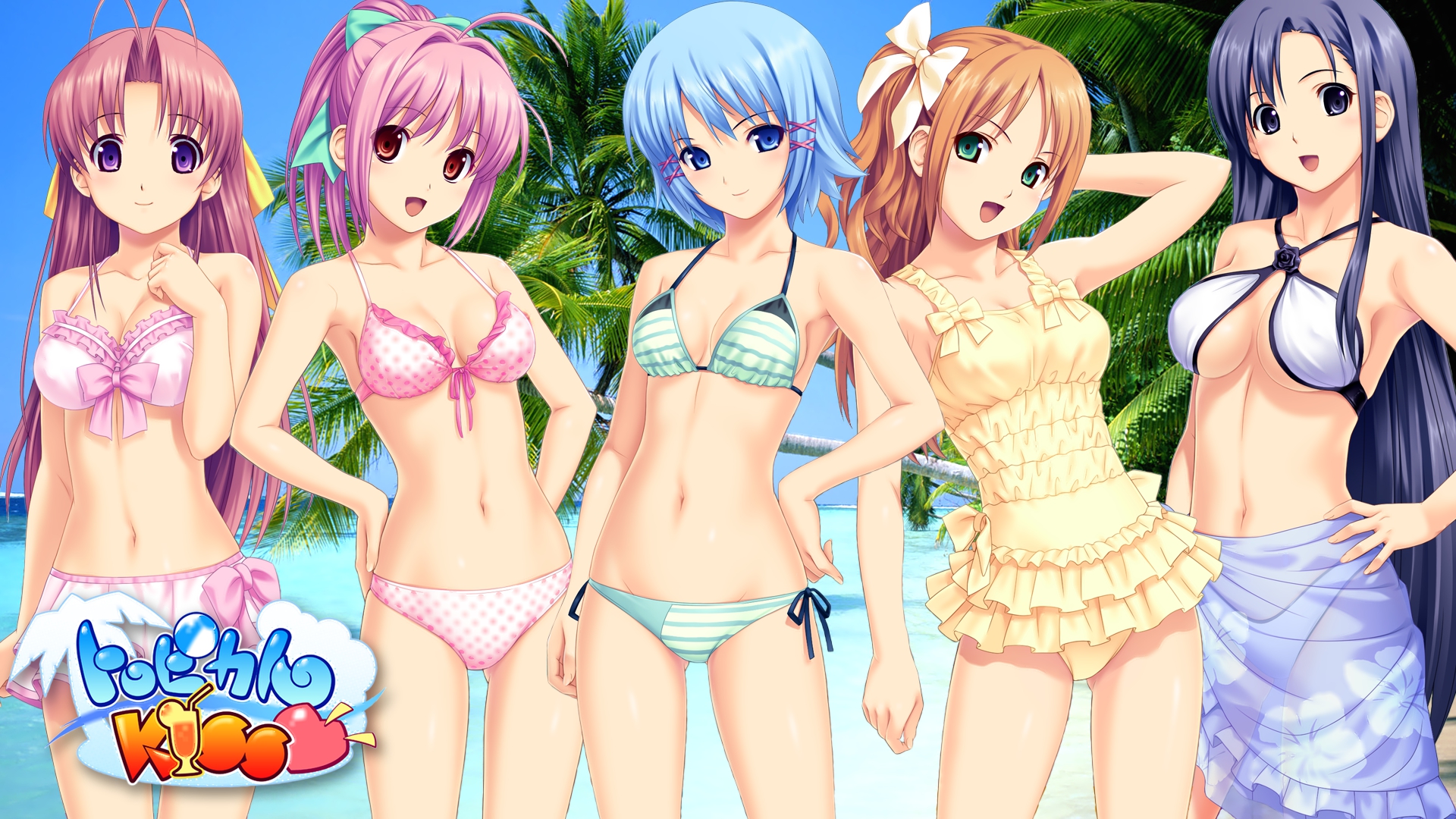 aoi_matsuri, bikini, blue_eyes, blue_hair, breasts, cleavage, green_eyes, group, himuro_rikka, hinata_hanabi, koutaro, minazuki_izumi, pink_hair, saotome_nagi, swimsuit, tropical_kiss, twinkle