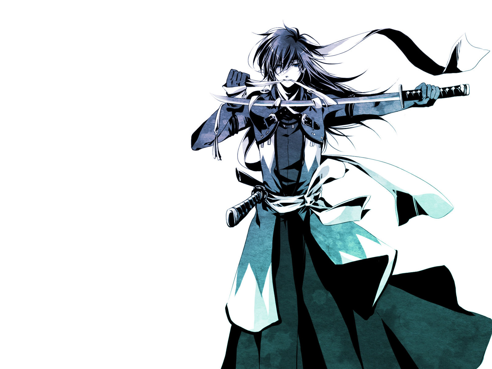 gloves, hakuouki_shinsengumi_kitan, katana, long_hair, saitou_hajime, scarf, sword, weapon