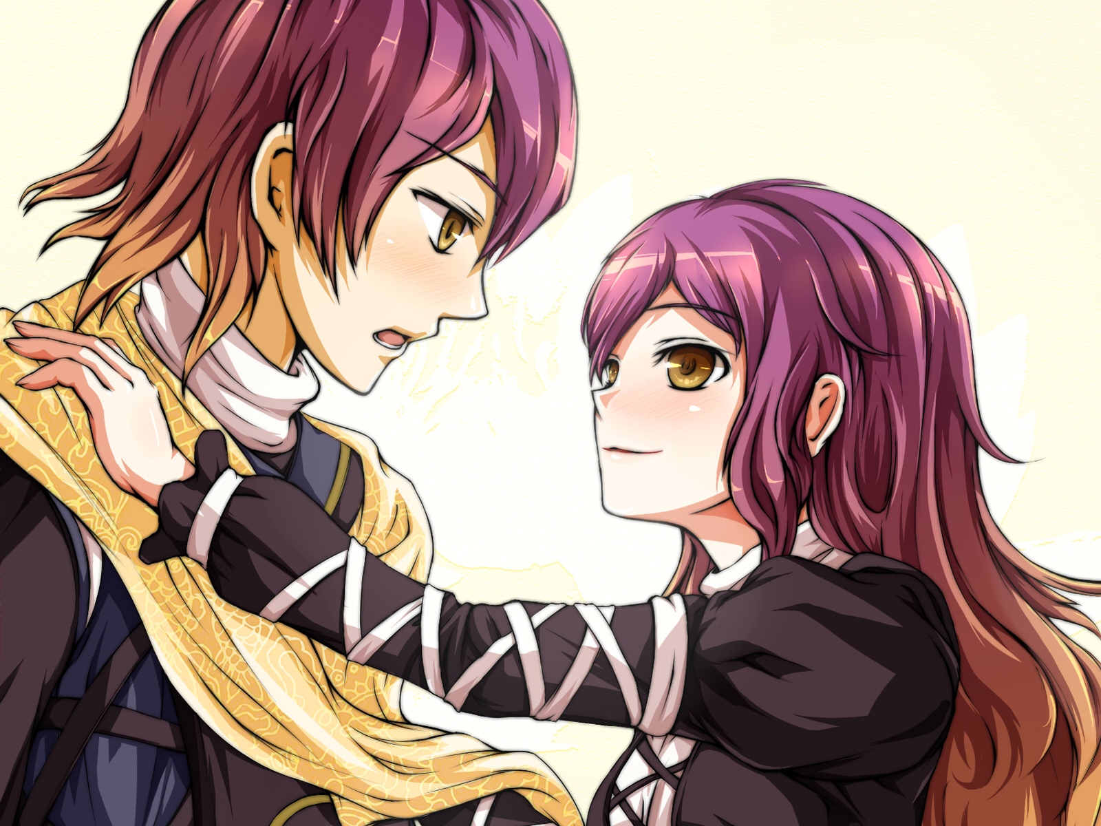 blush, brown_hair, dress, hijiri_byakuren, hijiri_myouren, long_hair, purple_hair, short_hair, touhou, yellow_eyes