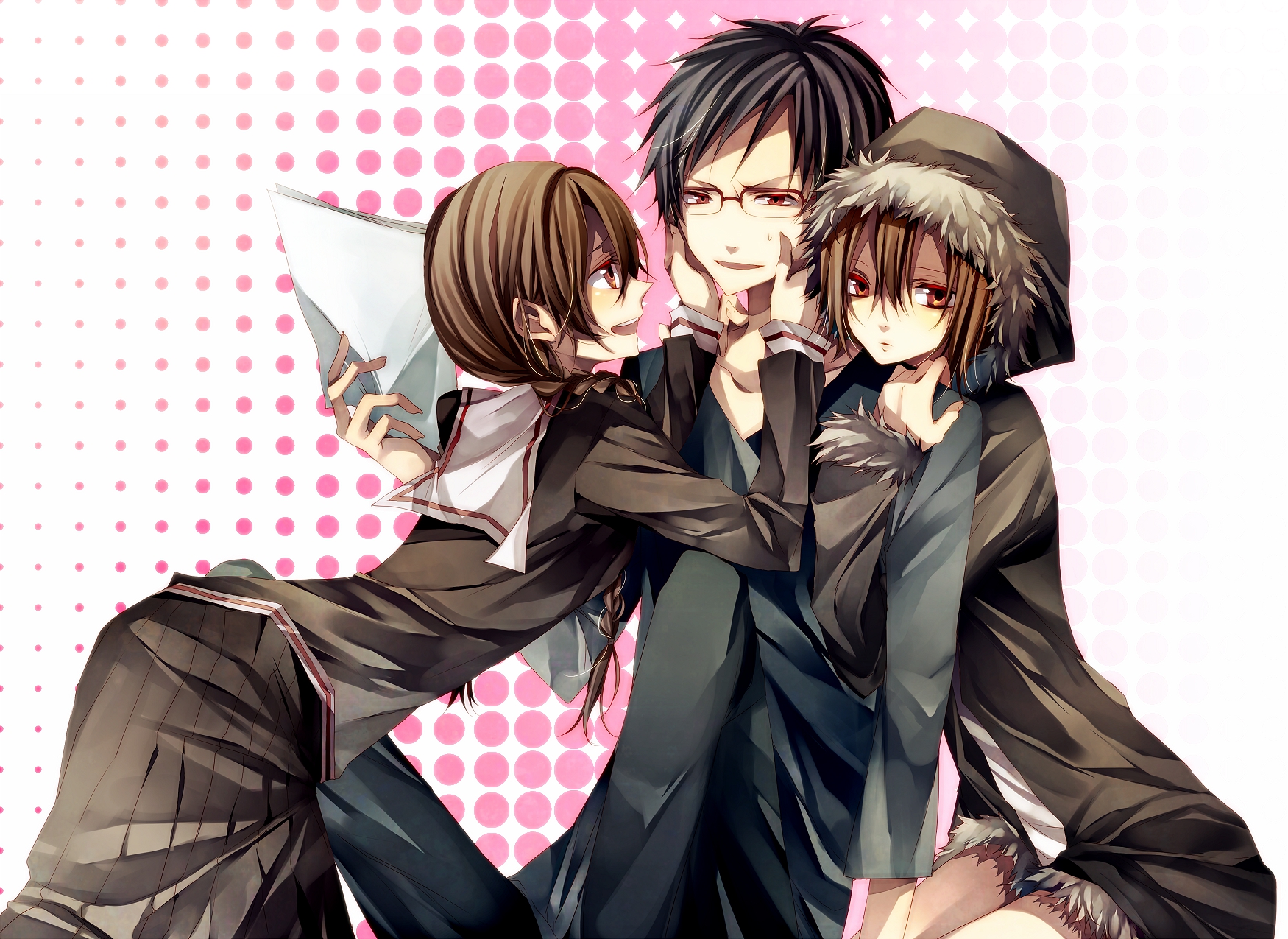 black_hair, brown_hair, durarara!!, glasses, orihara_izaya, orihara_kururi, orihara_mairu, red_eyes